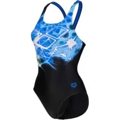Arena Placement V Back Badpak Dames - Zwart-Neon Blue